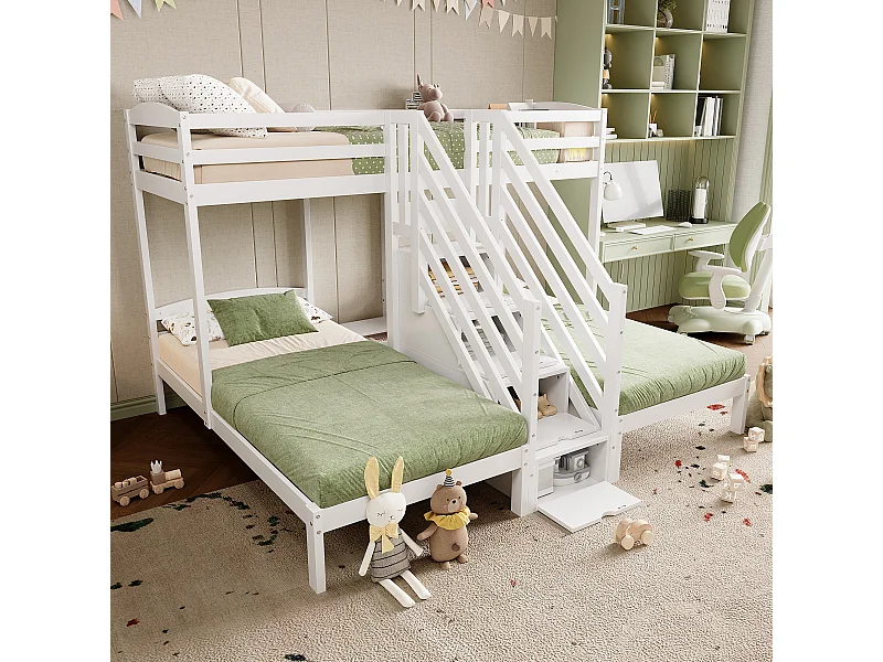 Lit mezzanine 90x200 cm, 3 lits, bois de pin, échelle avec tiroirs, rambarde, certifié EN747, sans matelas, Blanc