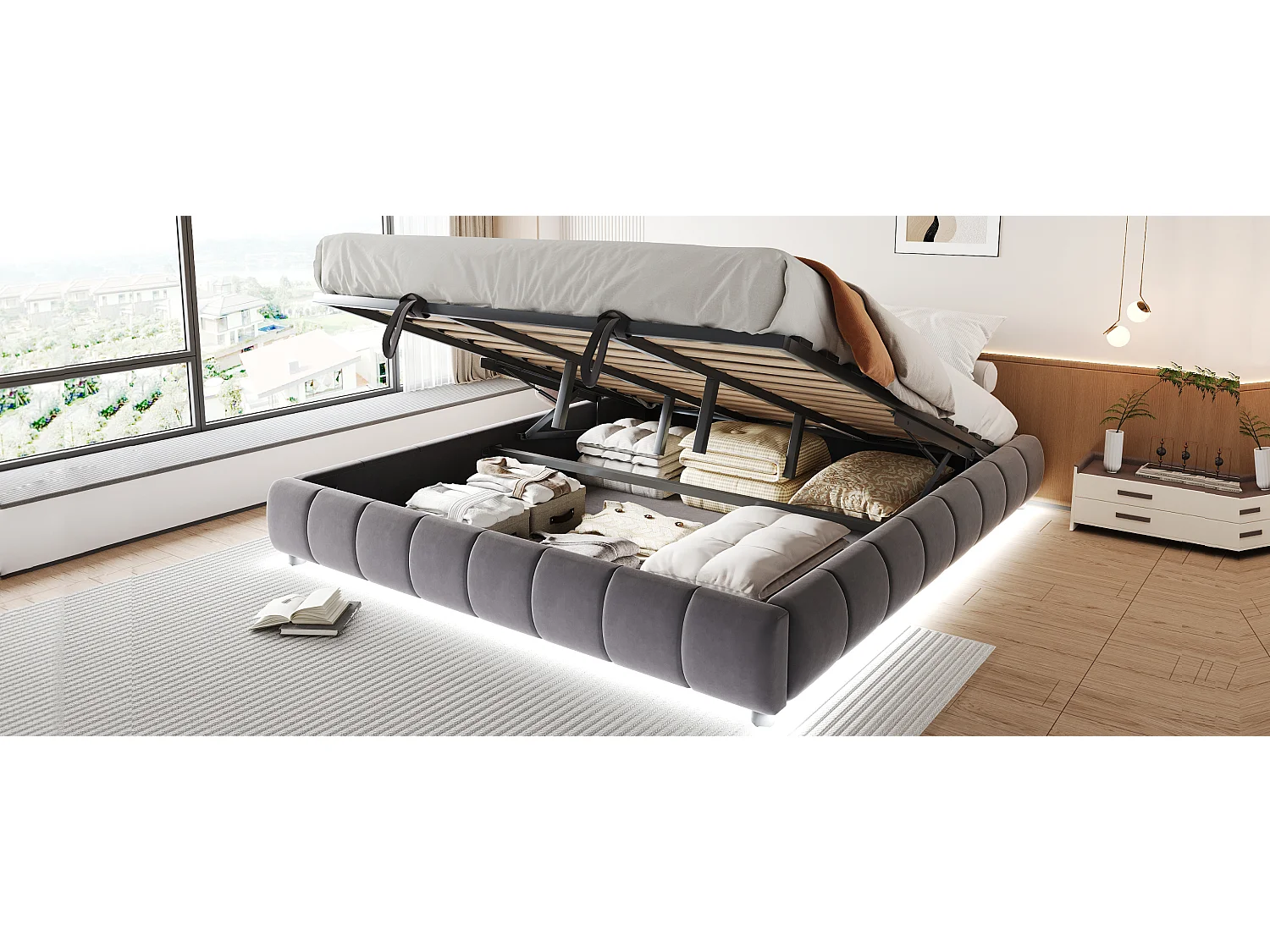 Lit rembourré 180 x 200 cm, sans tête de lit, avec éclairage LED, cadre hydraulique avec rangement