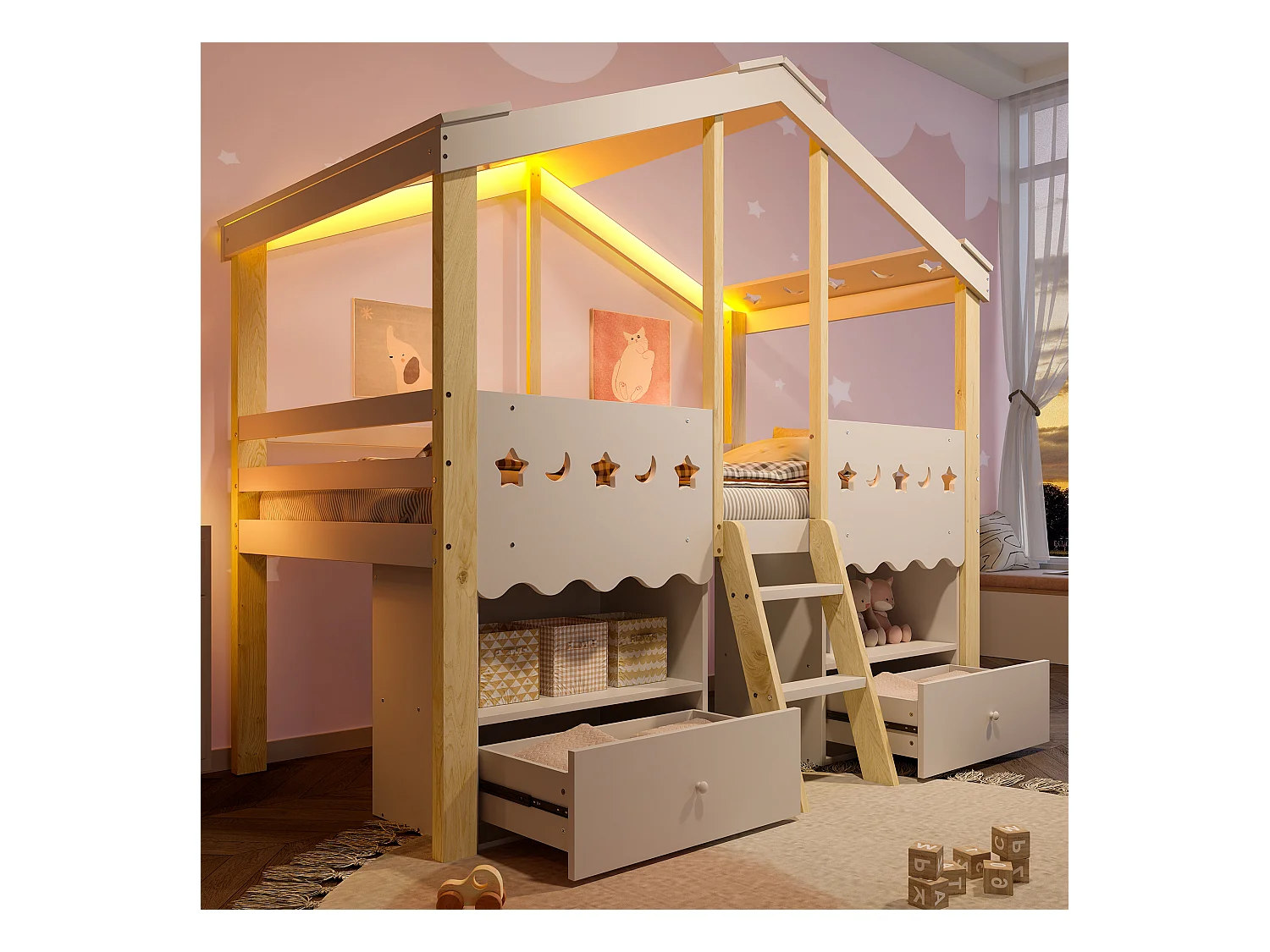 Lit mi-hauteur 90x200 cm en forme de maison, lit superposé, 2 tiroirs, bande LED, sans matelas, Blanc + Nature
