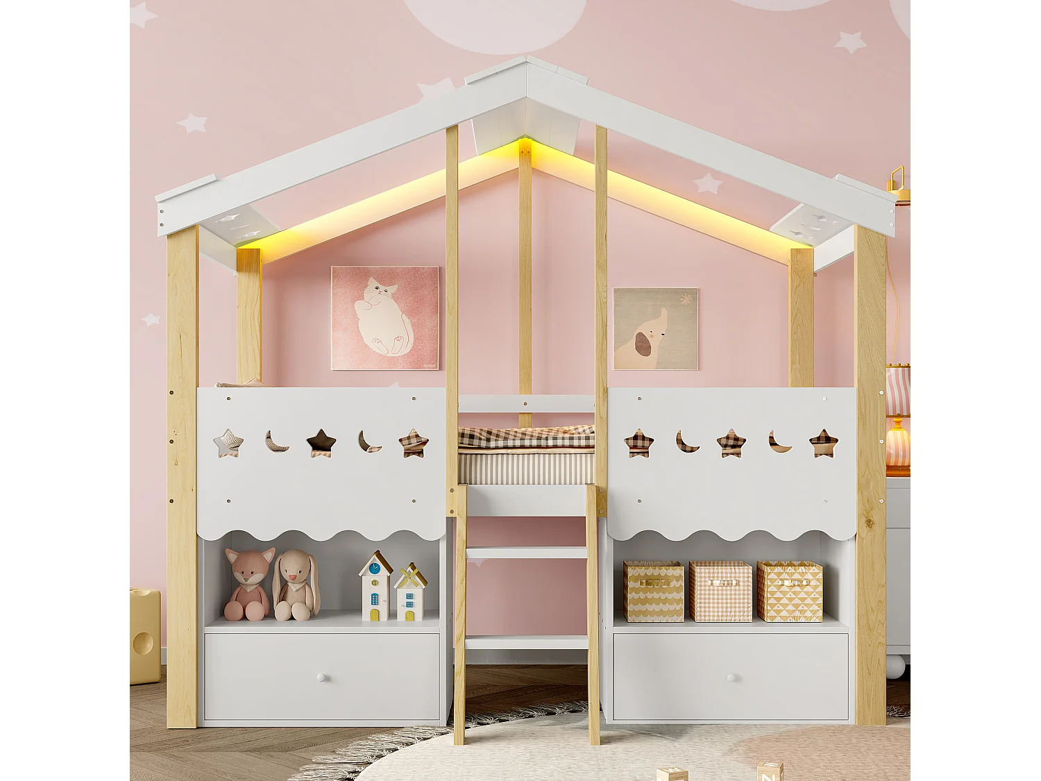 Lit mi-hauteur 90x200 cm en forme de maison, lit superposé, 2 tiroirs, bande LED, sans matelas, Blanc + Nature