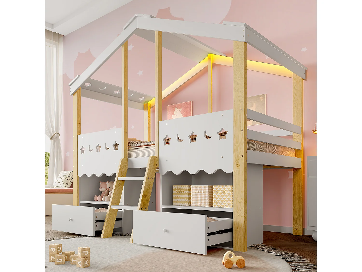 Lit mi-hauteur 90x200 cm en forme de maison, lit superposé, 2 tiroirs, bande LED, sans matelas, Blanc + Nature