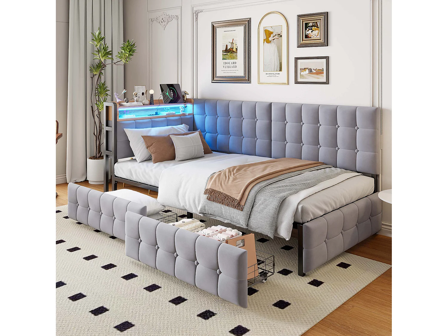 Canapé-lit 90×200 cm en gris avec 2 tiroirs et lampe LED intégrée, USB et Type-C