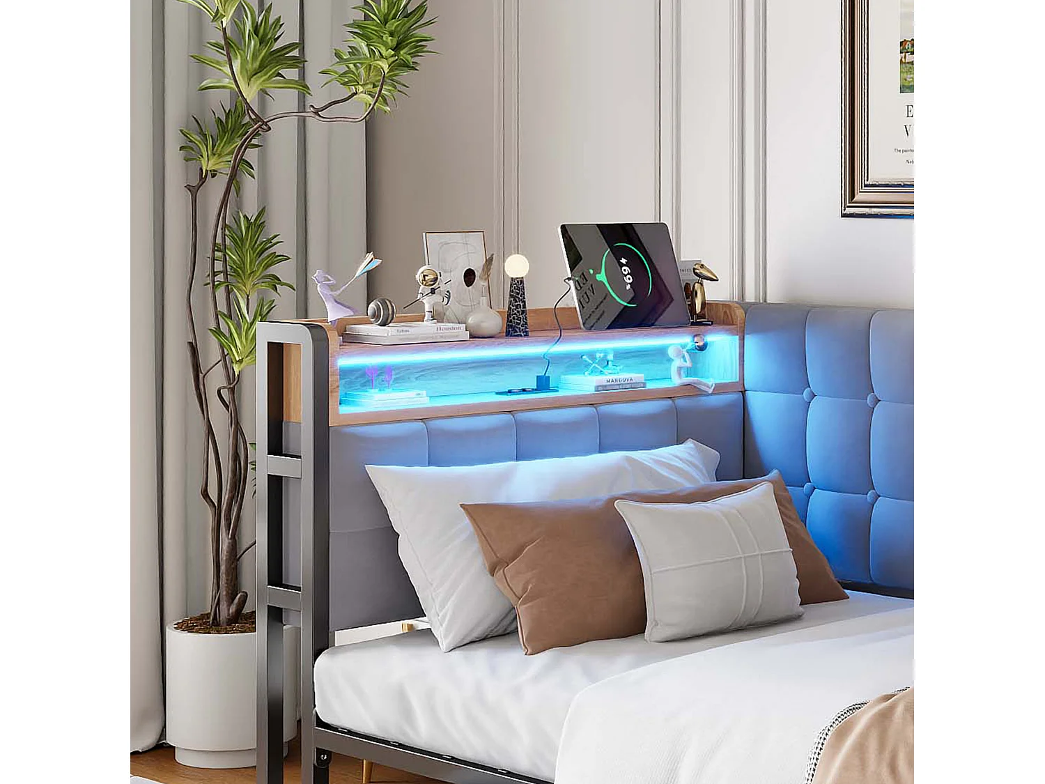 Canapé-lit 90×200 cm en gris avec 2 tiroirs et lampe LED intégrée, USB et Type-C