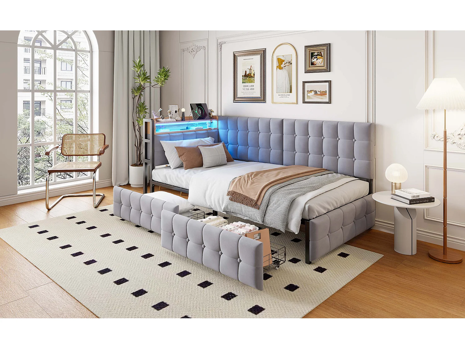 Canapé-lit 90×200 cm en gris avec 2 tiroirs et lampe LED intégrée, USB et Type-C