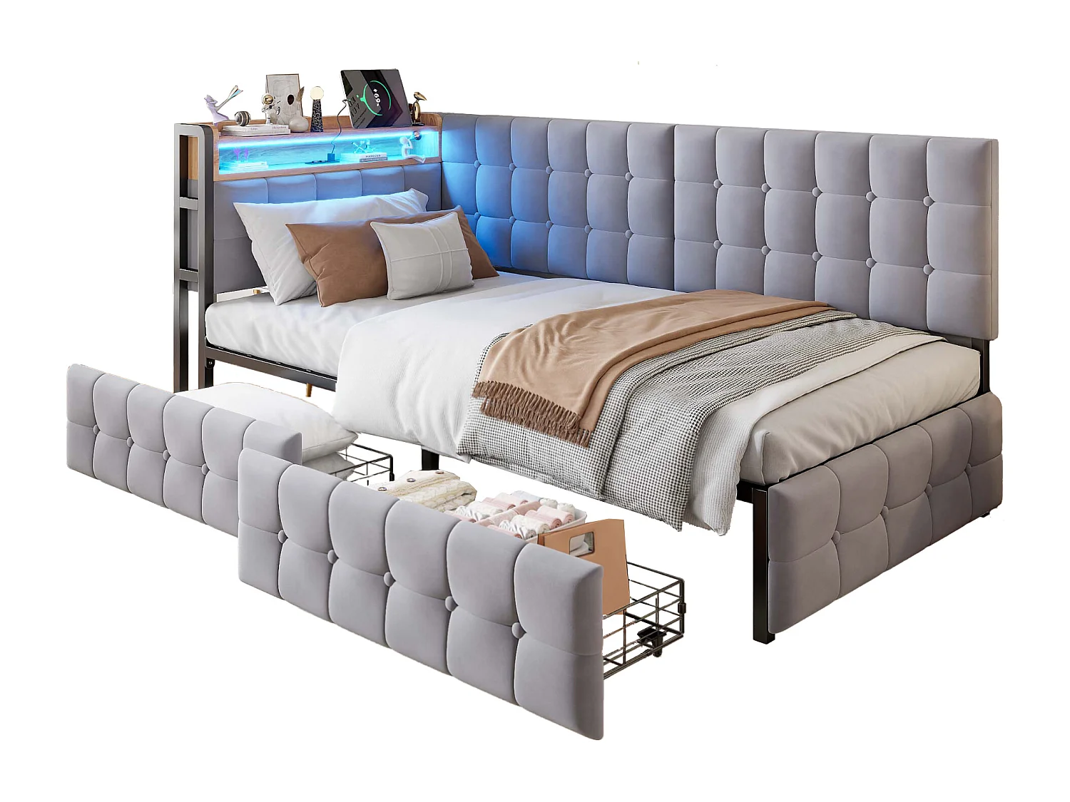 Canapé-lit 90×200 cm en gris avec 2 tiroirs et lampe LED intégrée, USB et Type-C