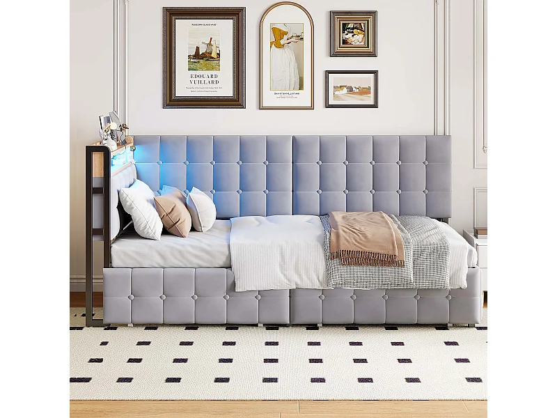 Canapé-lit 90×200 cm en gris avec 2 tiroirs et lampe LED intégrée, USB et Type-C
