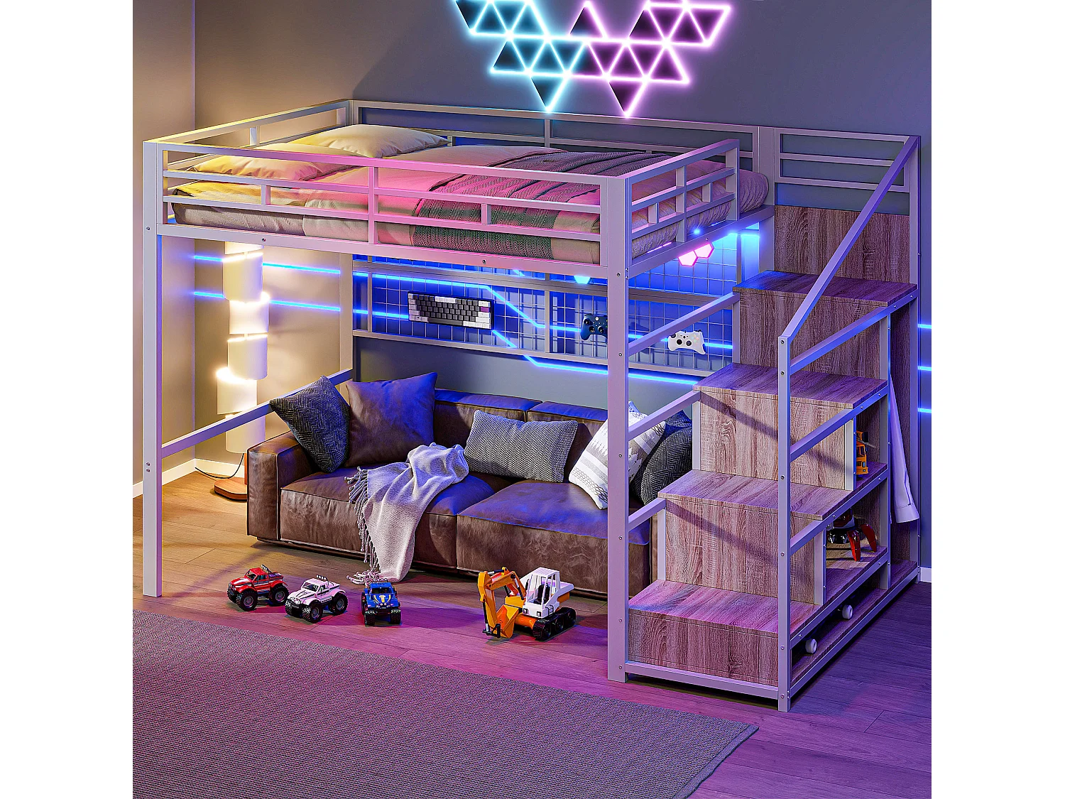 Lit mezzanine 140x200 cm, cadre métal, armoire, échelle de rangement, espace sous le lit, LED 7 couleurs, sans matelas, Blanc
