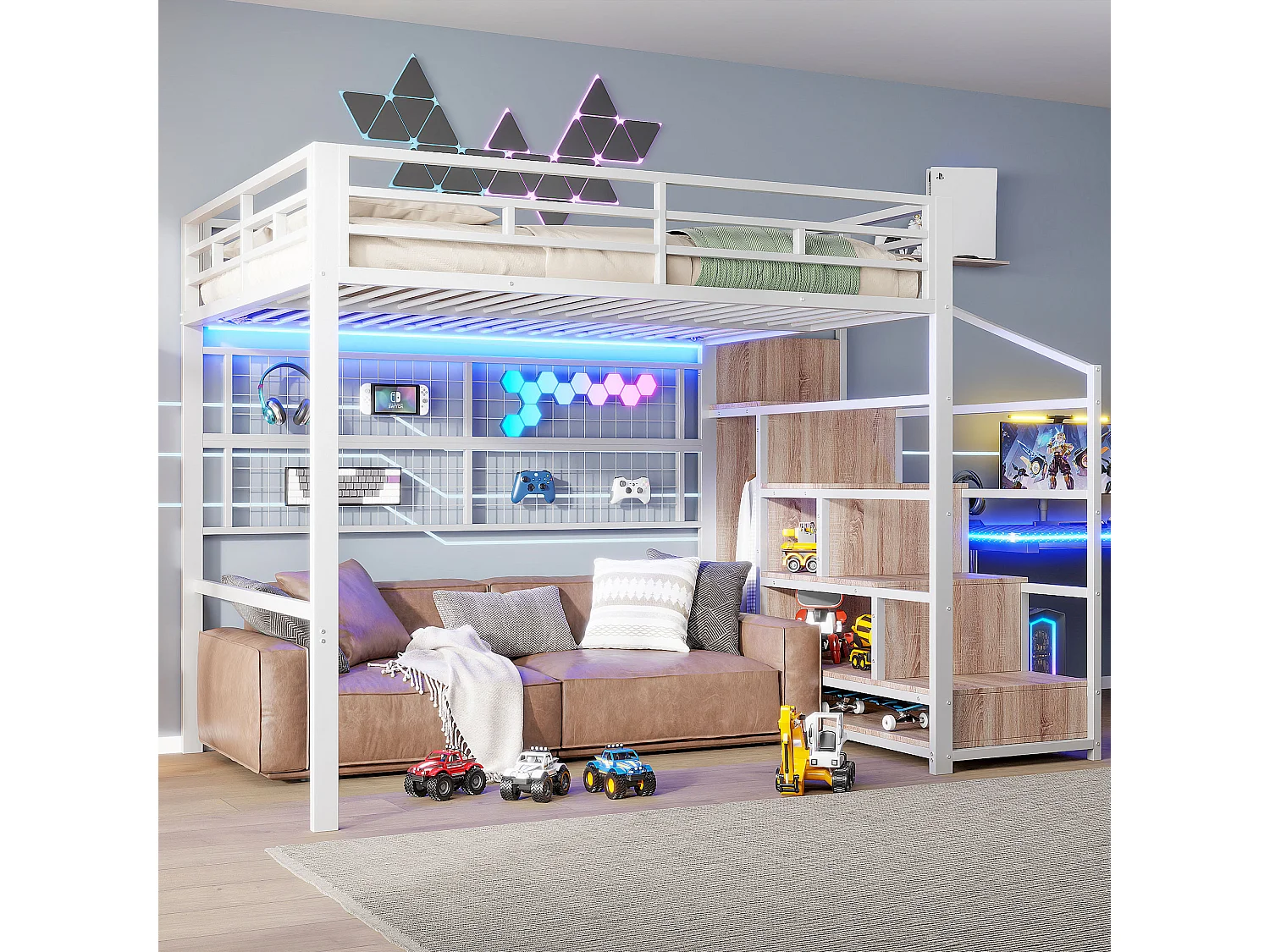 Lit mezzanine 140x200 cm, cadre métal, armoire, échelle de rangement, espace sous le lit, LED 7 couleurs, sans matelas, Blanc