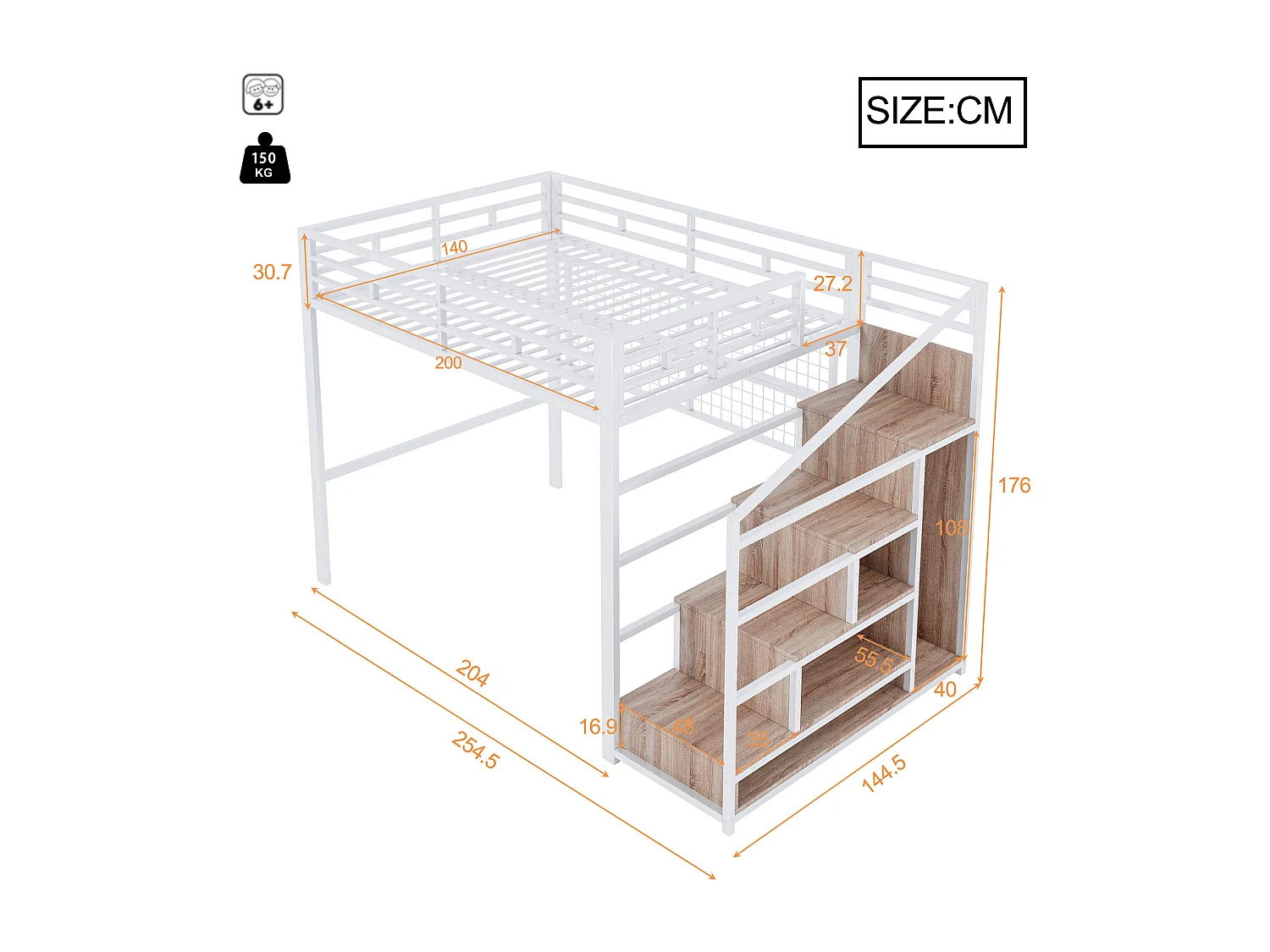 Lit mezzanine 140x200 cm, cadre métal, armoire, échelle de rangement, espace sous le lit, LED 7 couleurs, sans matelas, Blanc