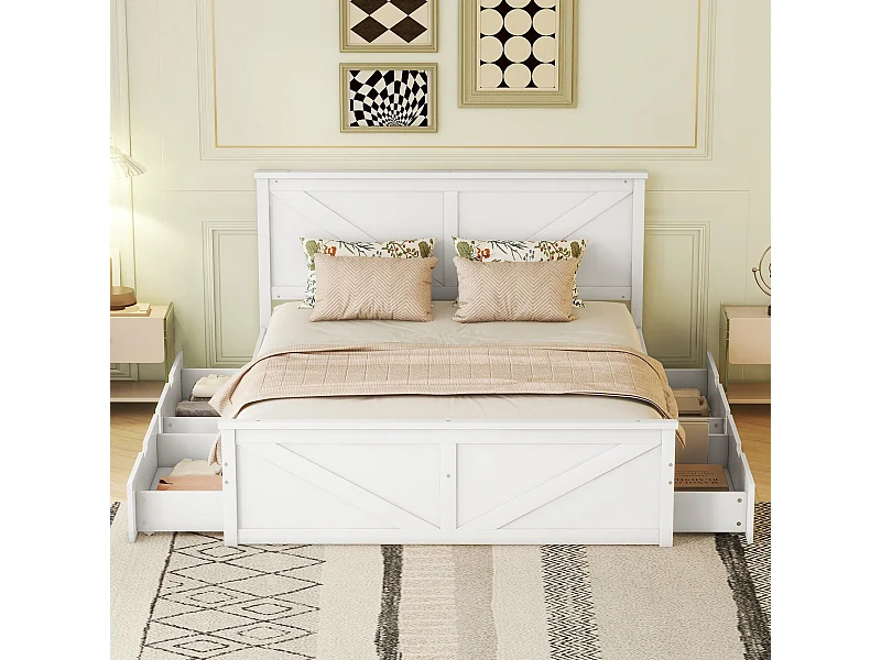 Lit simple 160x200 cm en bois blanc, avec sommier et 4 tiroirs de rangement intégrés, design épuré et fonctionnel