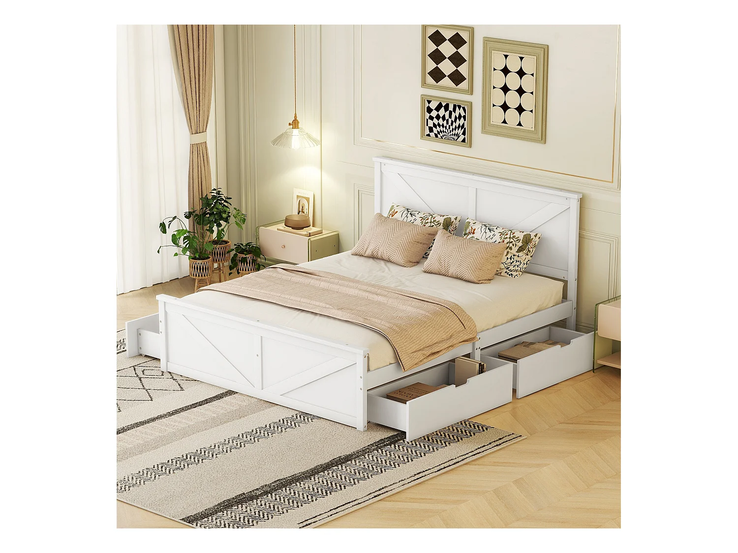 Lit simple 160x200 cm en bois blanc, avec sommier et 4 tiroirs de rangement intégrés, design épuré et fonctionnel