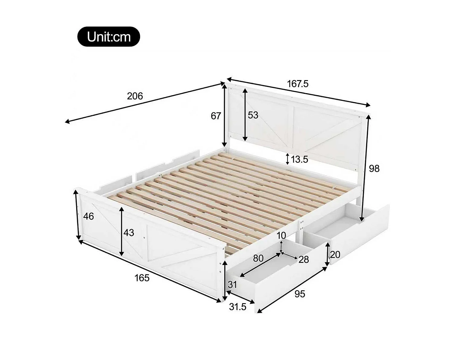 Lit simple 160x200 cm en bois blanc, avec sommier et 4 tiroirs de rangement intégrés, design épuré et fonctionnel
