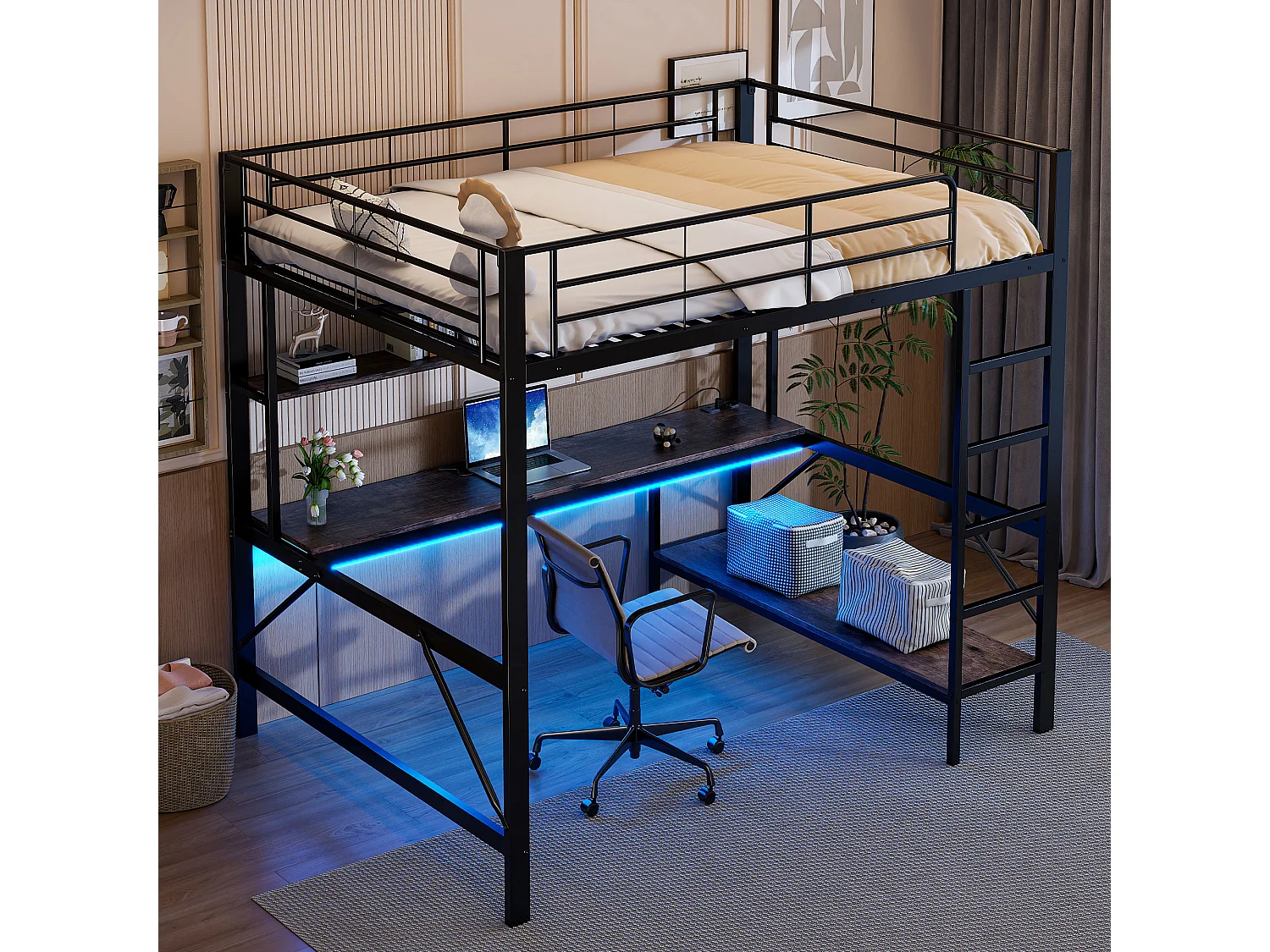 Lit mezzanine 140x200 cm en métal noir, avec LED, bureau, étagères, ports USB et prise, sans matelas