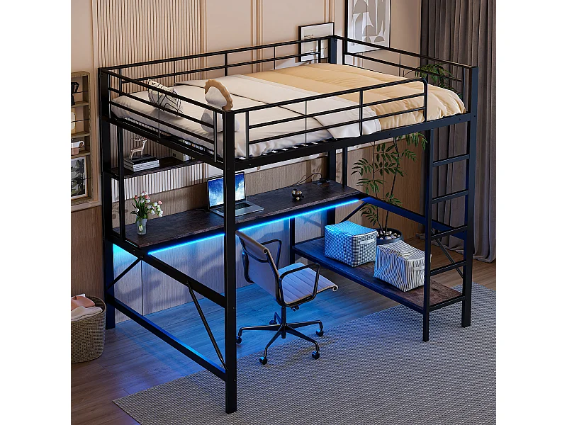 Lit mezzanine 140x200 cm en métal noir, avec LED, bureau, étagères, ports USB et prise, sans matelas
