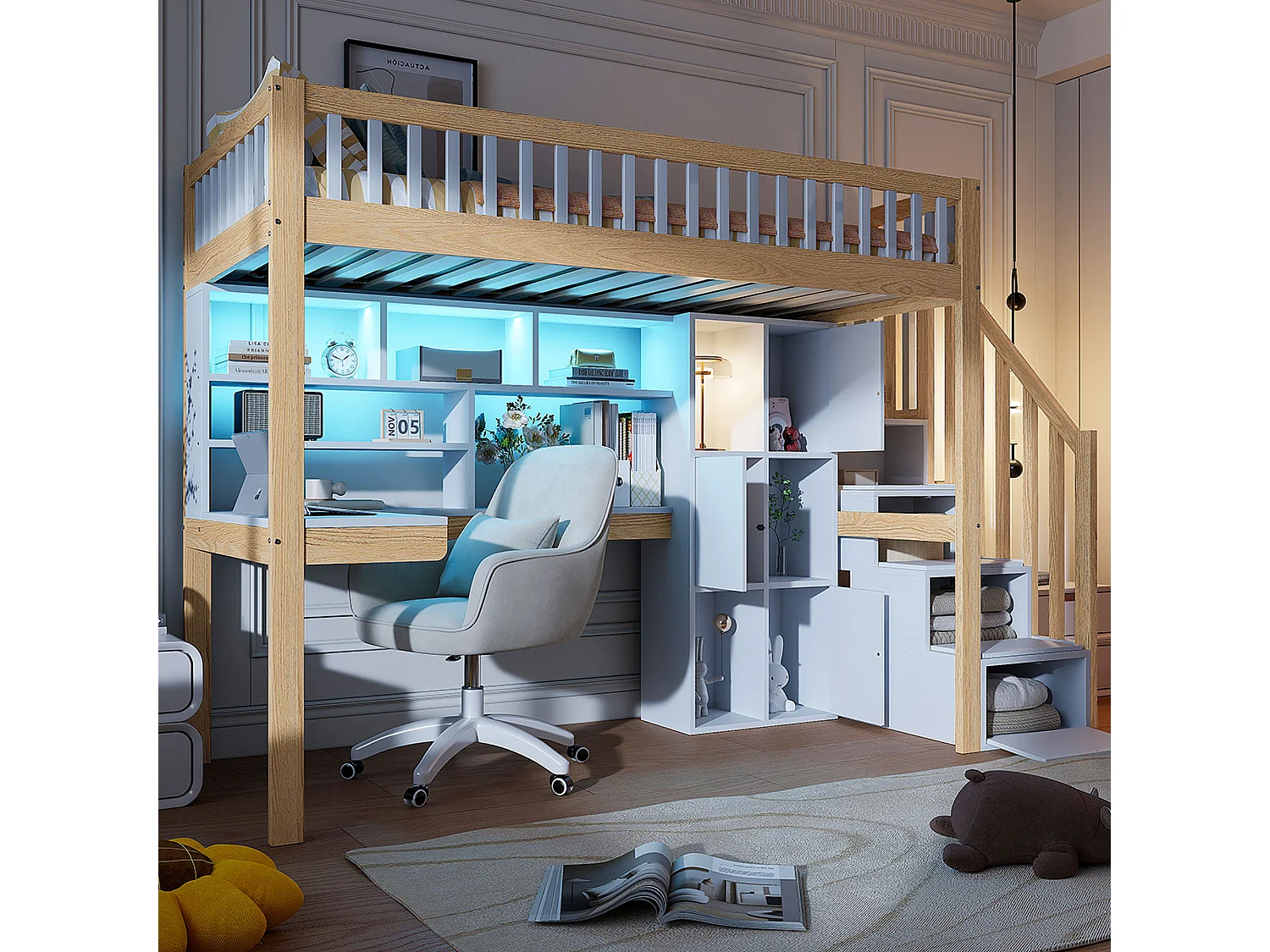 Lit mezzanine 90x200 cm en bois blanc et naturel, avec LED, bureau, étagères, rangements ouverts et échelle intégrée