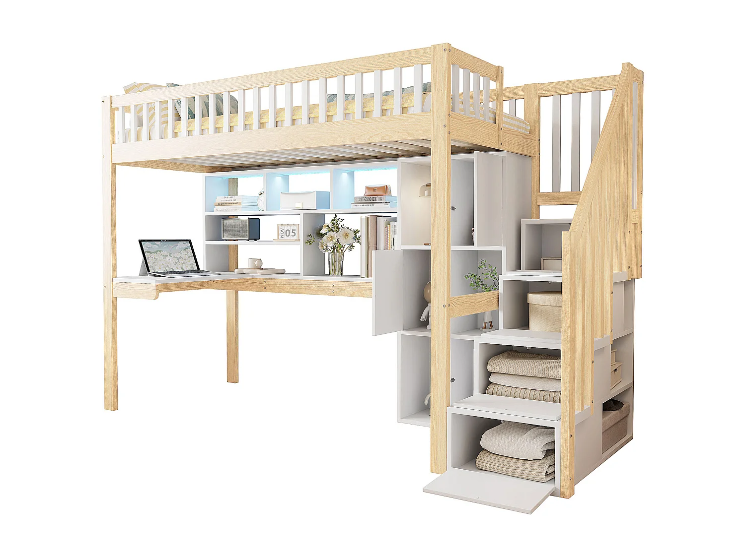 Lit mezzanine 90x200 cm en bois blanc et naturel, avec LED, bureau, étagères, rangements ouverts et échelle intégrée