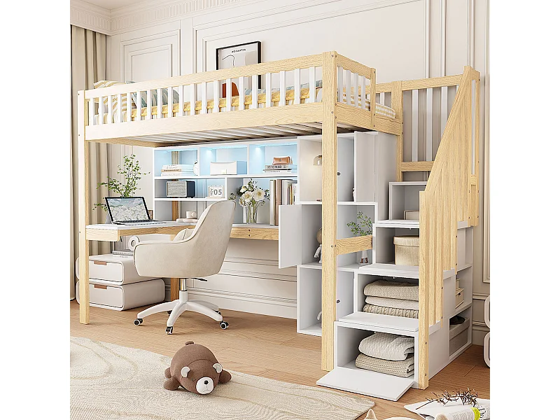 Lit mezzanine 90x200 cm en bois blanc et naturel, avec LED, bureau, étagères, rangements ouverts et échelle intégrée