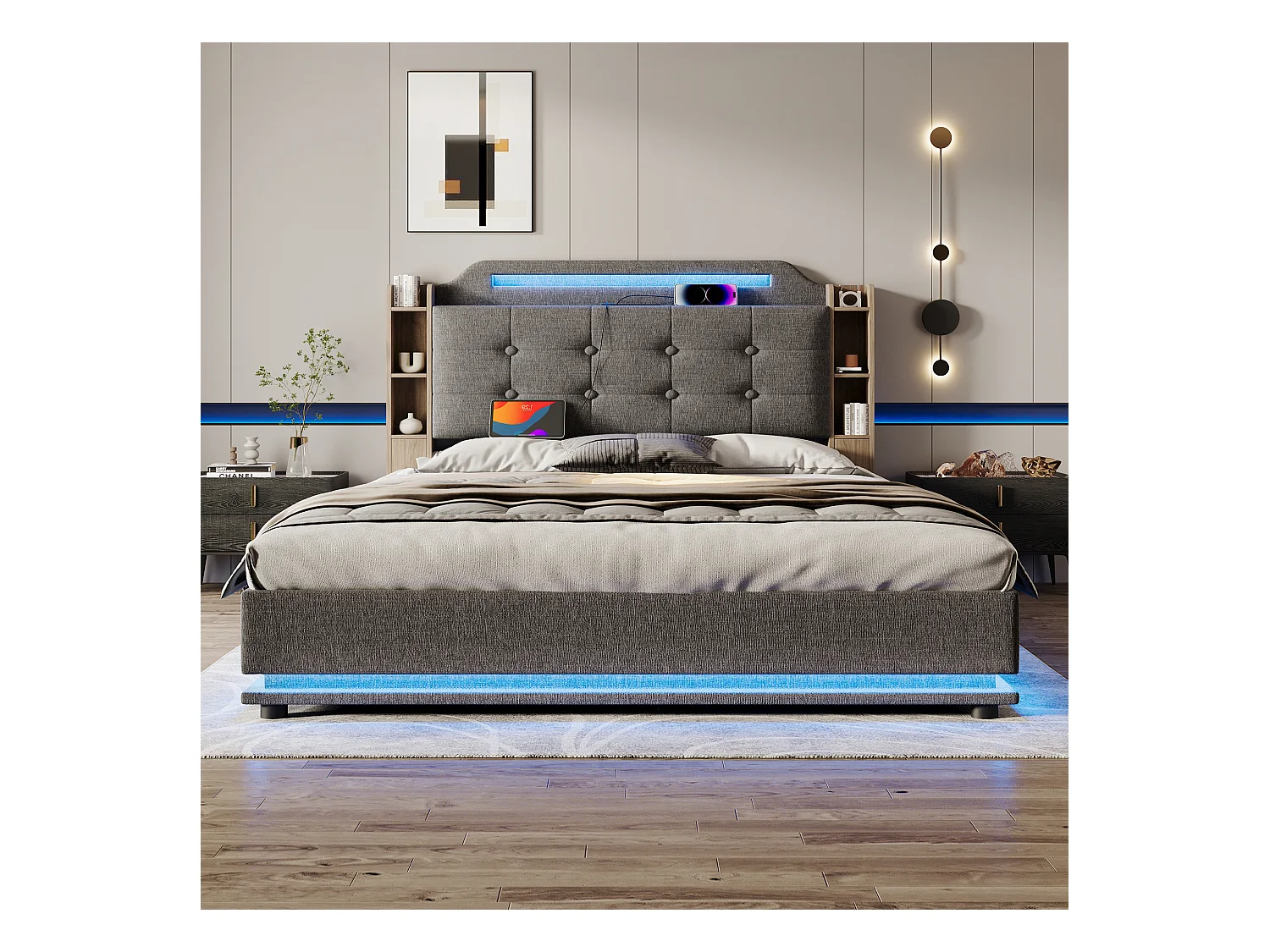 Lit rembourré 140x200 cm avec LED, rangement hydraulique, plusieurs compartiments, sans matelas, USB + Type-C, lin, Gris