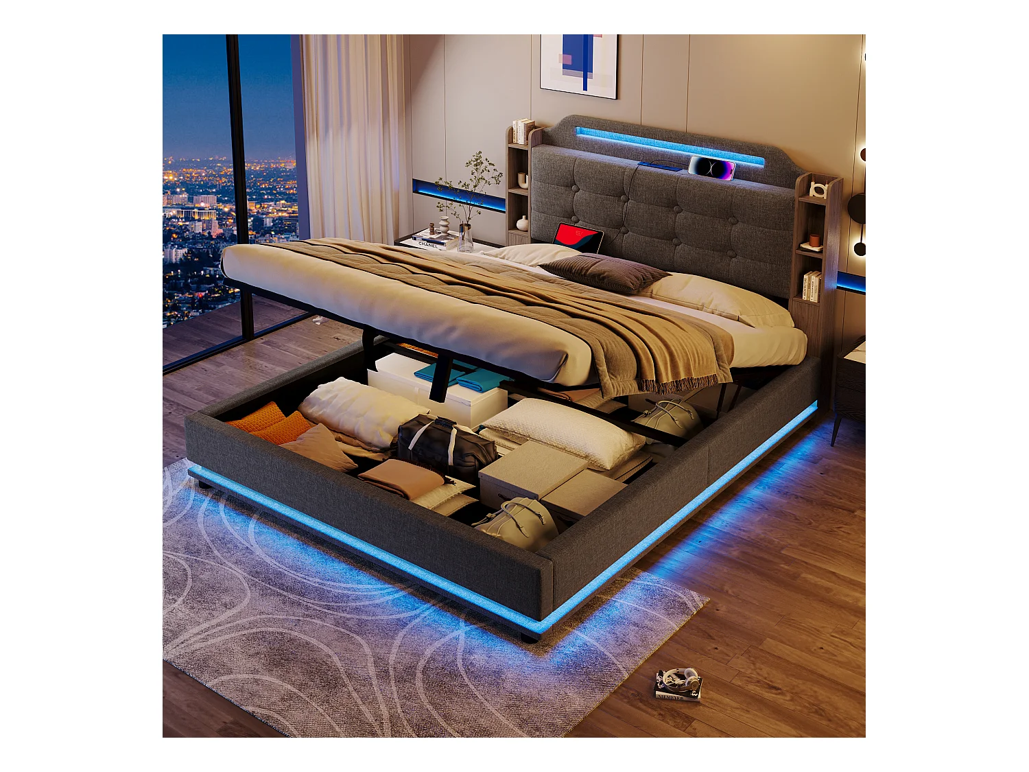 Lit rembourré 140x200 cm avec LED, rangement hydraulique, plusieurs compartiments, sans matelas, USB + Type-C, lin, Gris