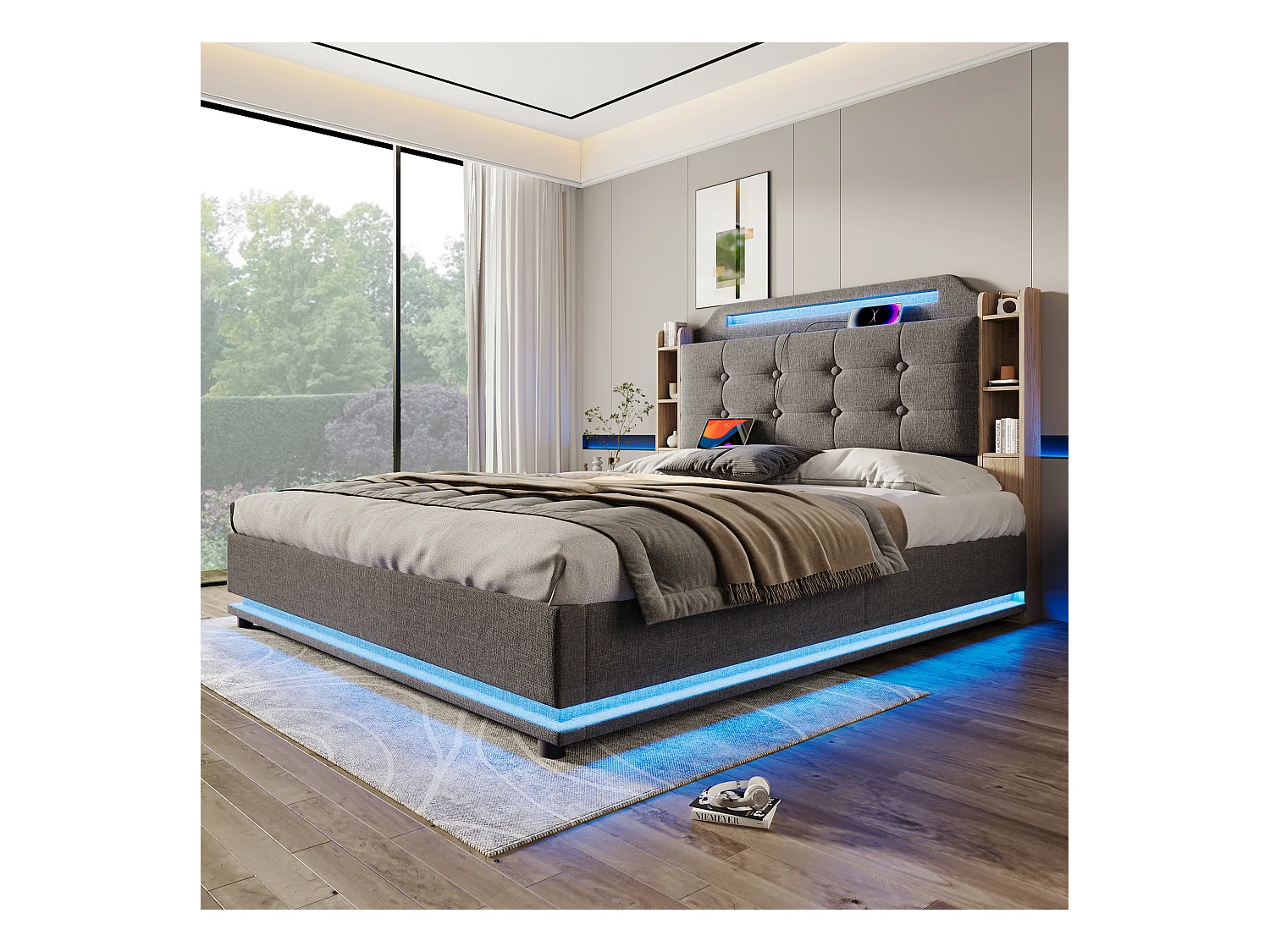 Lit rembourré 140x200 cm avec LED, rangement hydraulique, plusieurs compartiments, sans matelas, USB + Type-C, lin, Gris