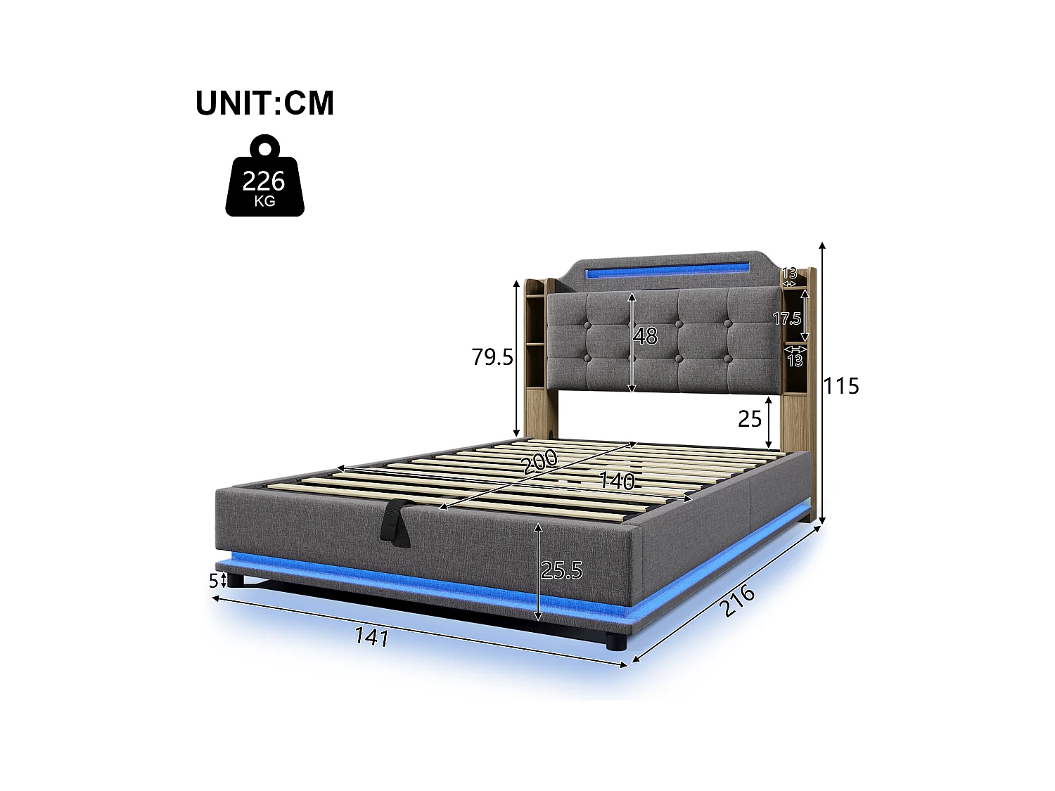 Lit rembourré 140x200 cm avec LED, rangement hydraulique, plusieurs compartiments, sans matelas, USB + Type-C, lin, Gris