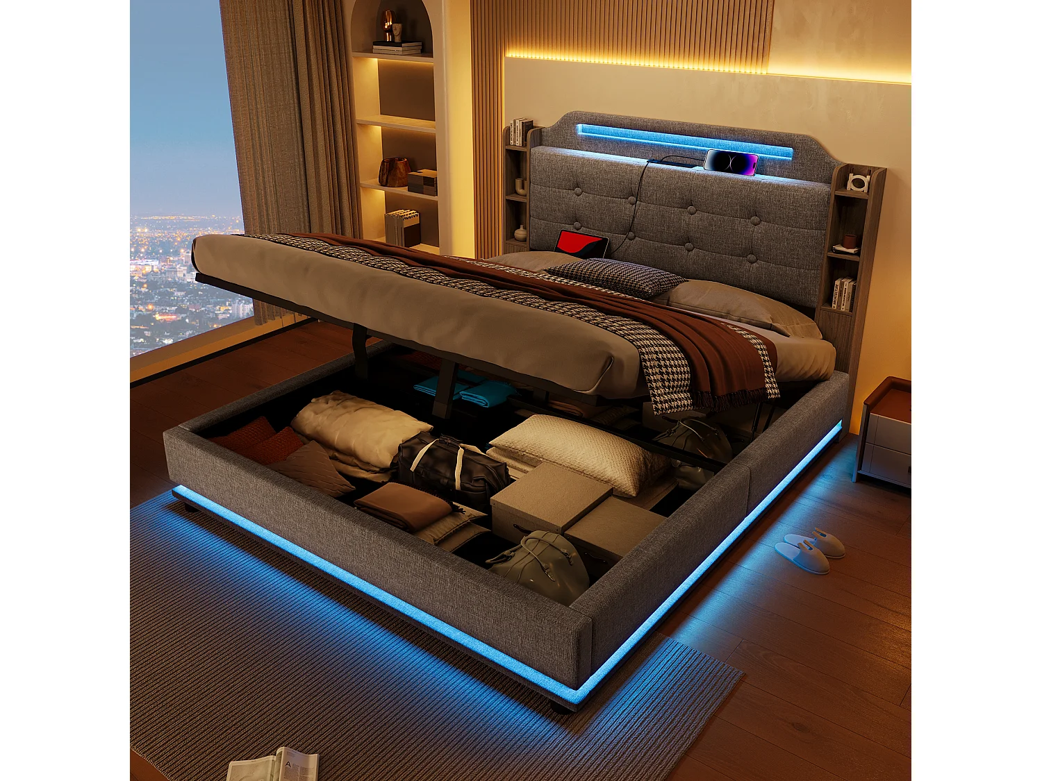 Lit rembourré 140x200 cm avec LED, rangement hydraulique, plusieurs compartiments, sans matelas, USB + Type-C, lin, Gris