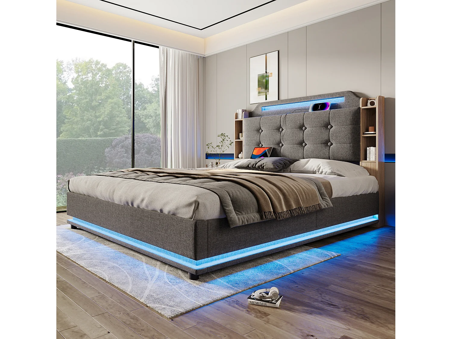 Lit rembourré 140x200 cm avec LED, rangement hydraulique, plusieurs compartiments, sans matelas, USB + Type-C, lin, Gris
