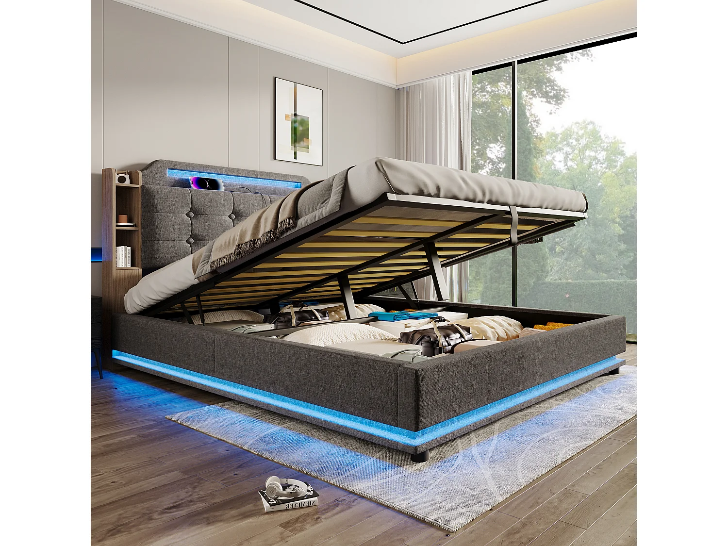 Lit rembourré 140x200 cm avec LED, rangement hydraulique, plusieurs compartiments, sans matelas, USB + Type-C, lin, Gris