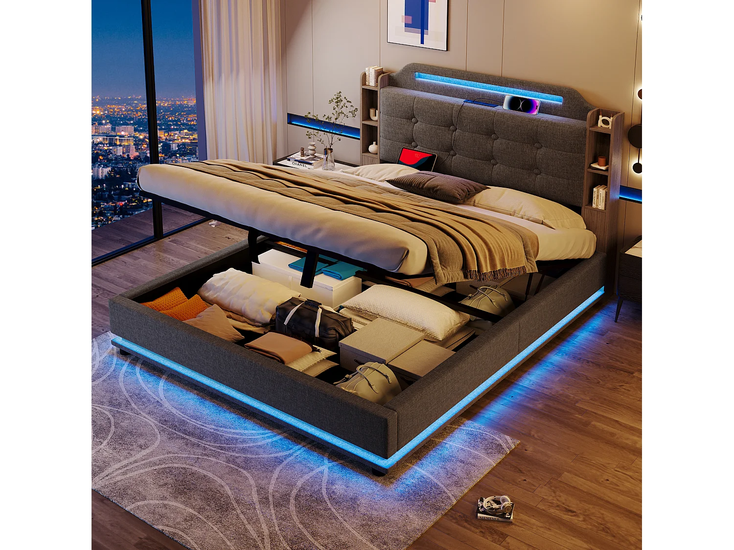 Lit rembourré 140x200 cm avec LED, rangement hydraulique, plusieurs compartiments, sans matelas, USB + Type-C, lin, Gris