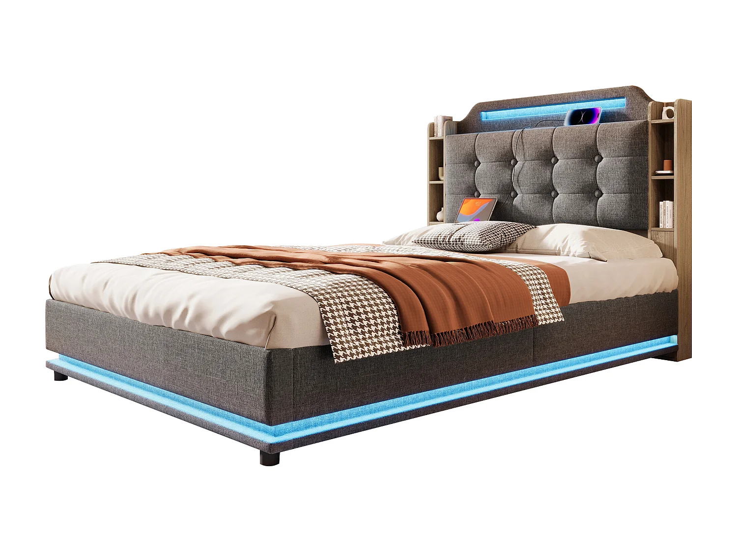 Lit rembourré 140x200 cm avec LED, rangement hydraulique, plusieurs compartiments, sans matelas, USB + Type-C, lin, Gris