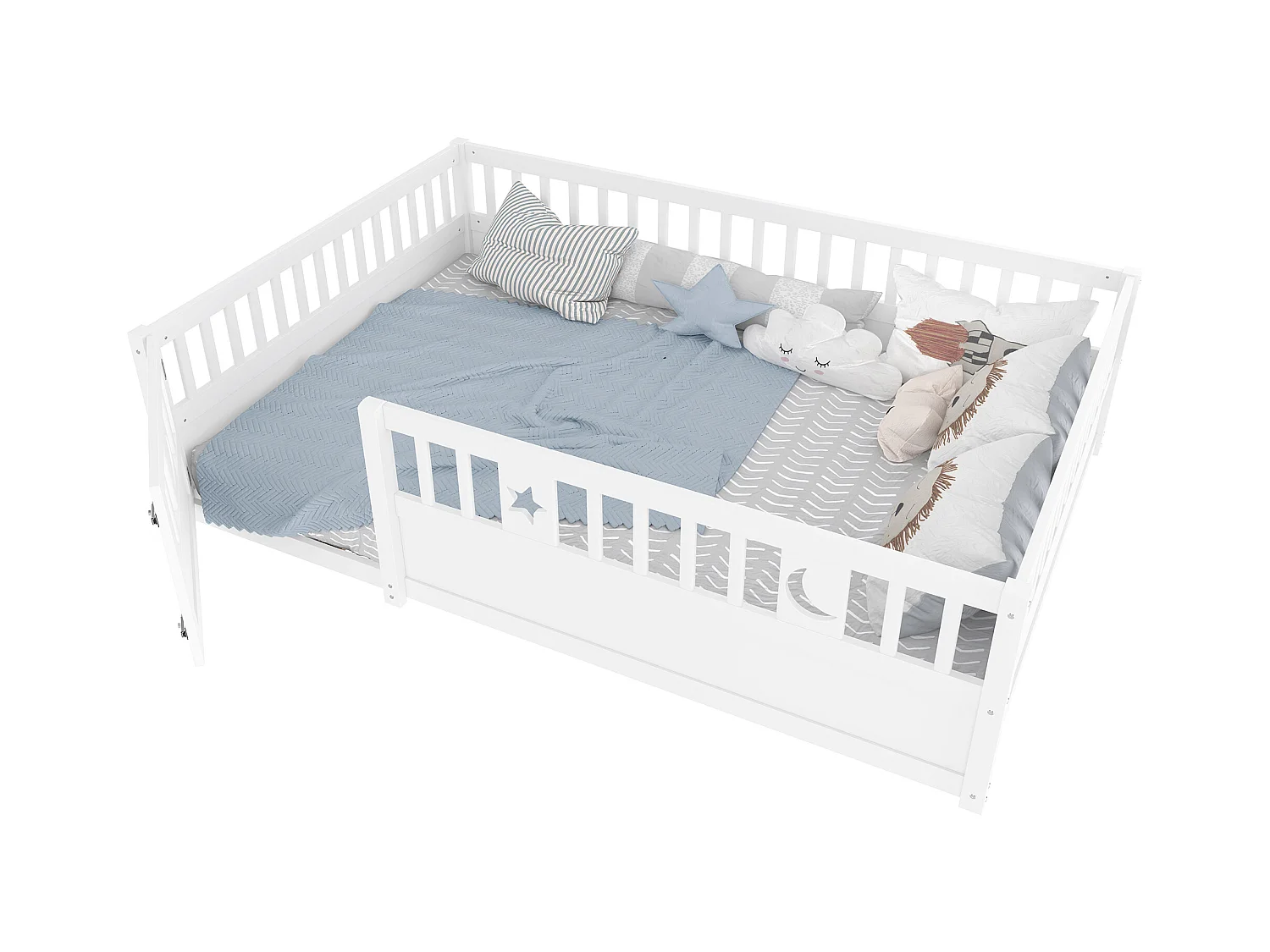 Lit enfant 140x190 cm avec barreaux, décor étoile et lune, sans matelas, style minimaliste, Blanc