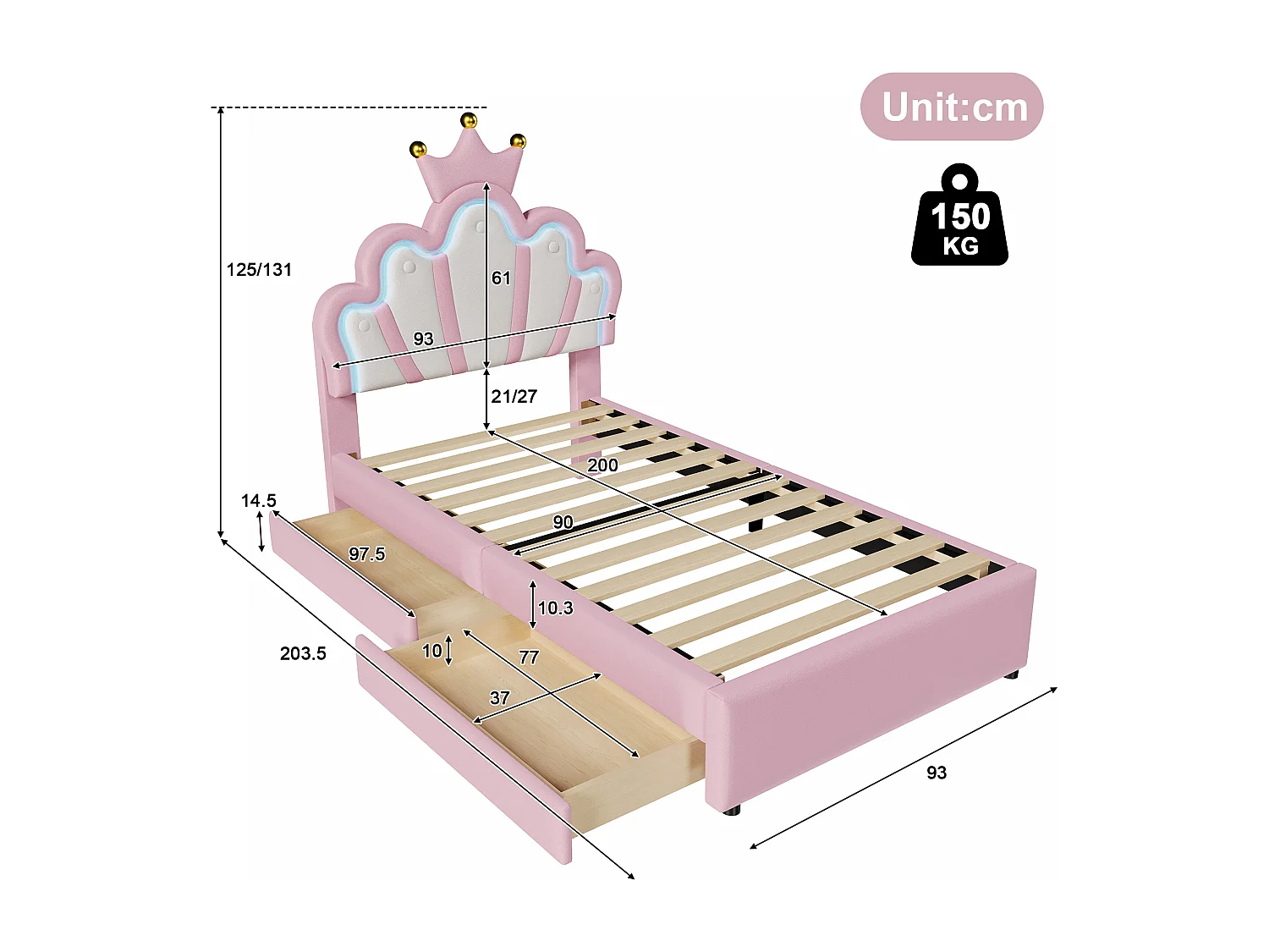 Lit capitonné 90x200 cm rose en PU, avec LED télécommandée, tête couronne réglable et 2 tiroirs de rangement