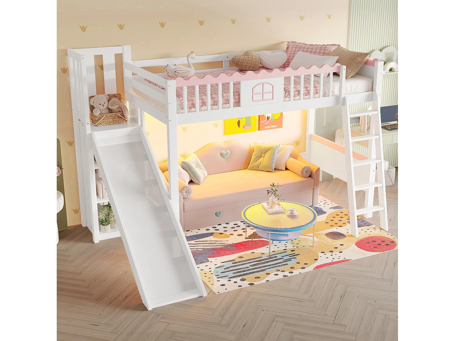 Lit mezzanine enfant 90x200 cm en pin, avec LED, étagères et toboggan, certifié EN747, blanc