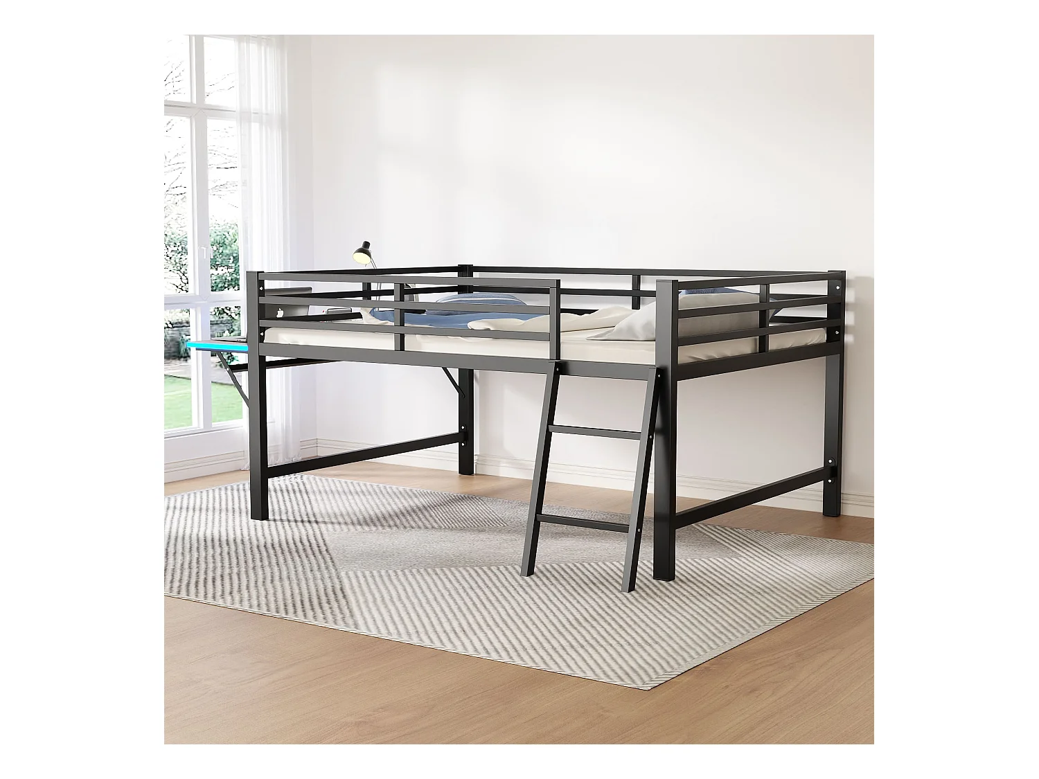 Lit mezzanine en métal 140x200 cm, avec barrière, échelle, bureau et bande LED télécommandée, noir