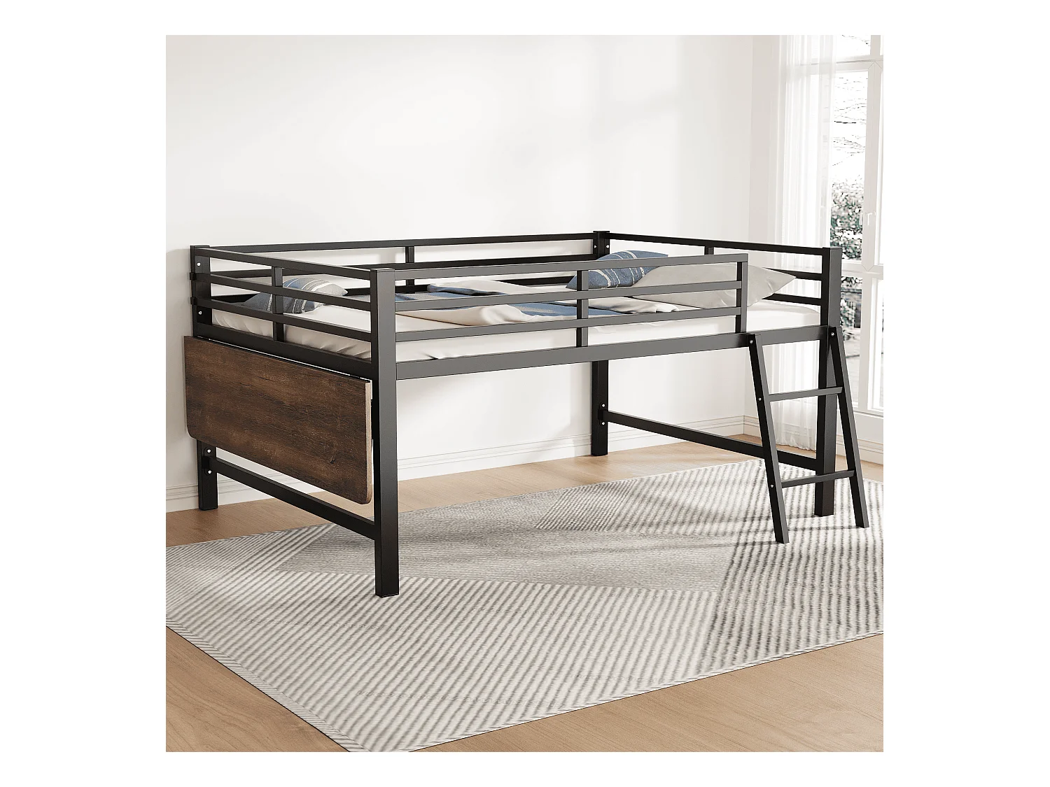 Lit mezzanine en métal 140x200 cm, avec barrière, échelle, bureau et bande LED télécommandée, noir