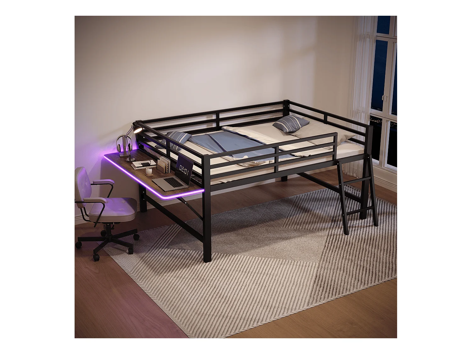 Lit mezzanine en métal 140x200 cm, avec barrière, échelle, bureau et bande LED télécommandée, noir