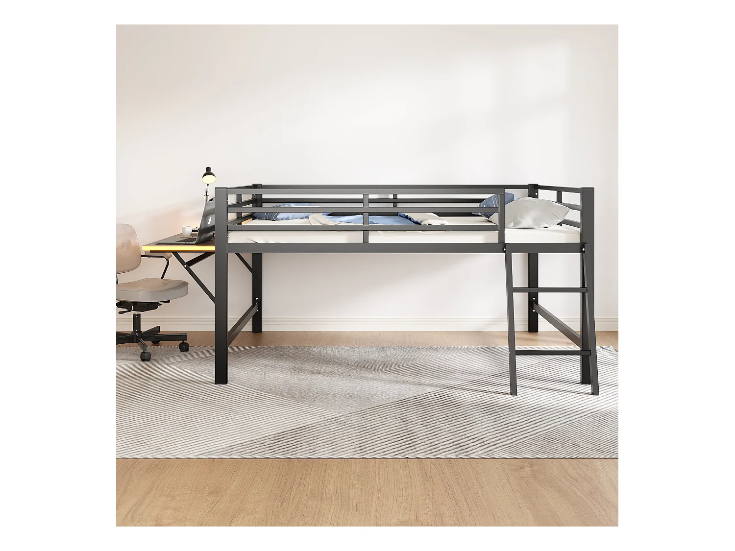 Lit mezzanine en métal 140x200 cm, avec barrière, échelle, bureau et bande LED télécommandée, noir