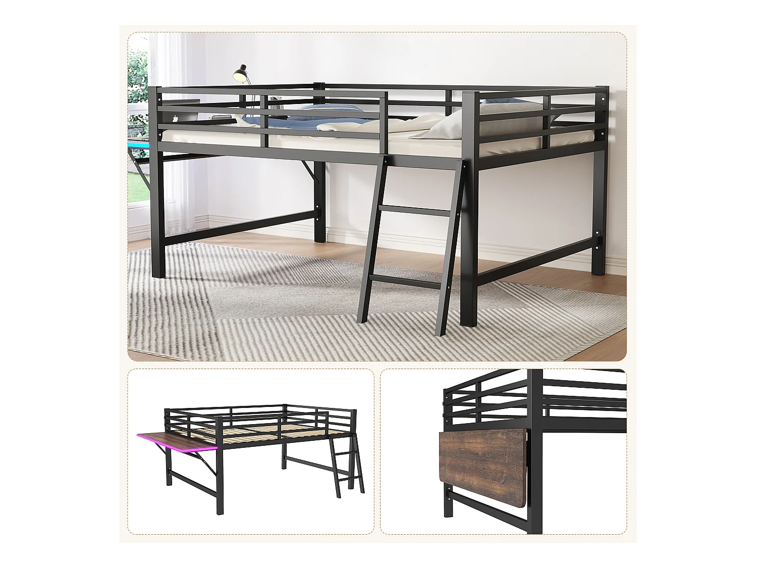 Lit mezzanine en métal 140x200 cm, avec barrière, échelle, bureau et bande LED télécommandée, noir