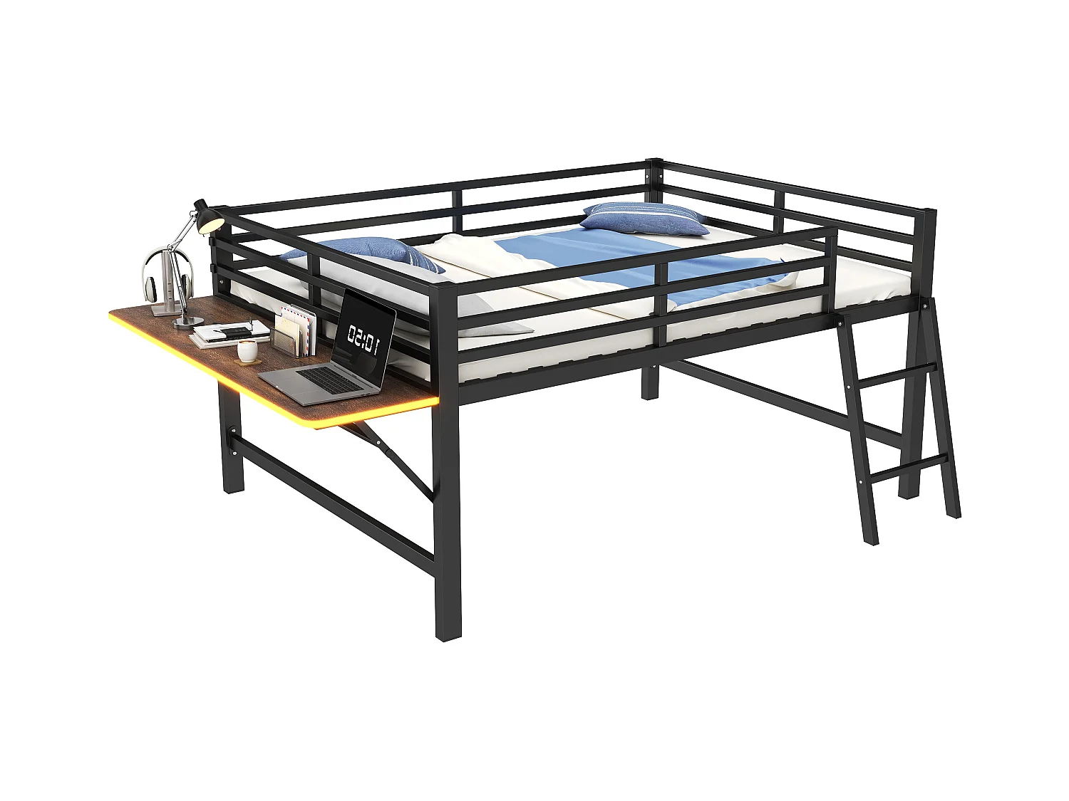 Lit mezzanine en métal 140x200 cm, avec barrière, échelle, bureau et bande LED télécommandée, noir