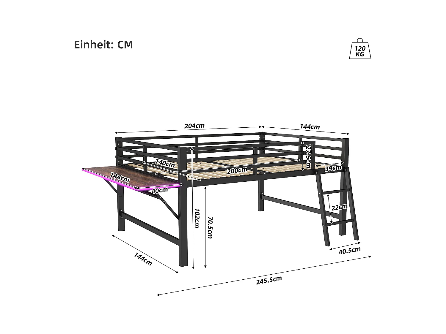 Lit mezzanine en métal 140x200 cm, avec barrière, échelle, bureau et bande LED télécommandée, noir