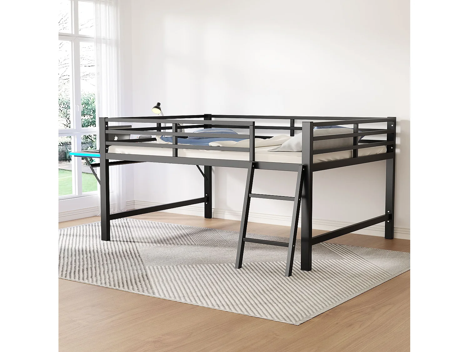 Lit mezzanine en métal 140x200 cm, avec barrière, échelle, bureau et bande LED télécommandée, noir