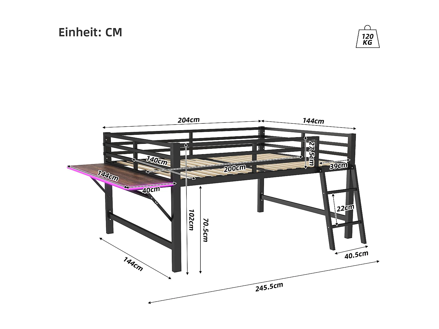 Lit mezzanine en métal 140x200 cm, avec barrière, échelle, bureau et bande LED télécommandée, noir