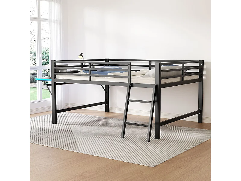 Lit mezzanine en métal 140x200 cm, avec barrière, échelle, bureau et bande LED télécommandée, noir