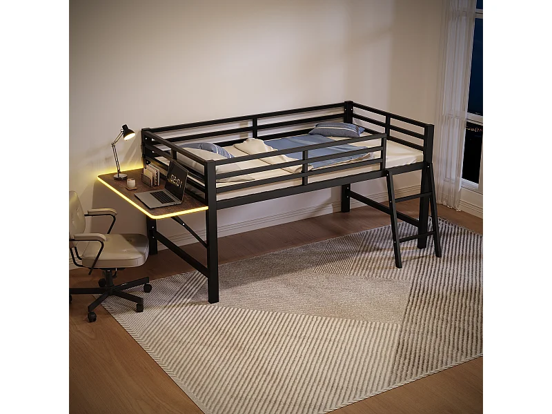 Lit mezzanine en métal 90x200 cm, avec barrière, échelle, bureau et bande LED télécommandée, noir