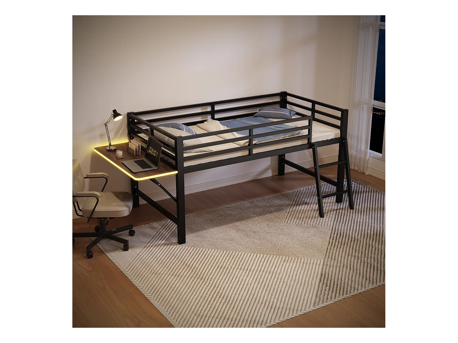 Lit mezzanine en métal 90x200 cm, avec barrière, échelle, bureau et bande LED télécommandée, noir