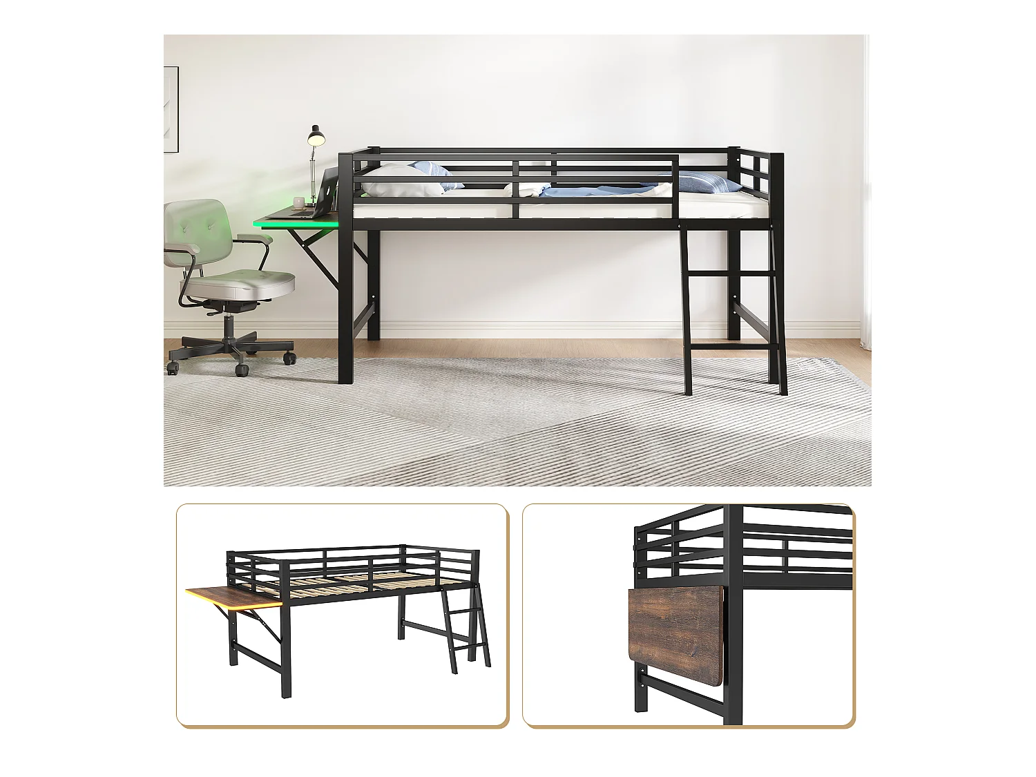 Lit mezzanine en métal 90x200 cm, avec barrière, échelle, bureau et bande LED télécommandée, noir