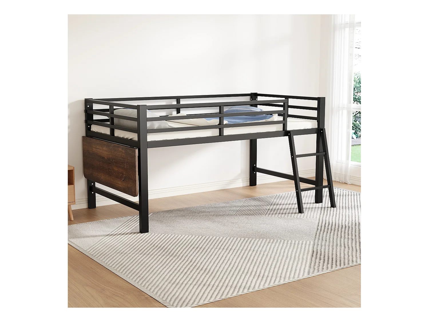 Lit mezzanine en métal 90x200 cm, avec barrière, échelle, bureau et bande LED télécommandée, noir