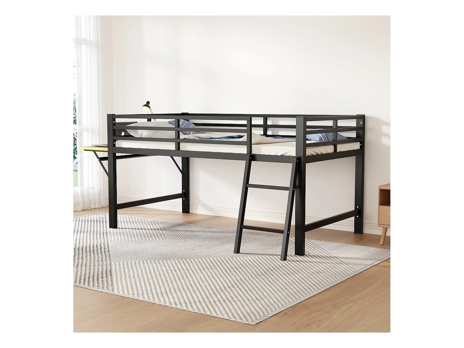 Lit mezzanine en métal 90x200 cm, avec barrière, échelle, bureau et bande LED télécommandée, noir