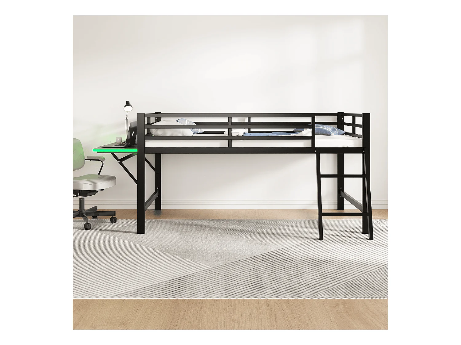 Lit mezzanine en métal 90x200 cm, avec barrière, échelle, bureau et bande LED télécommandée, noir