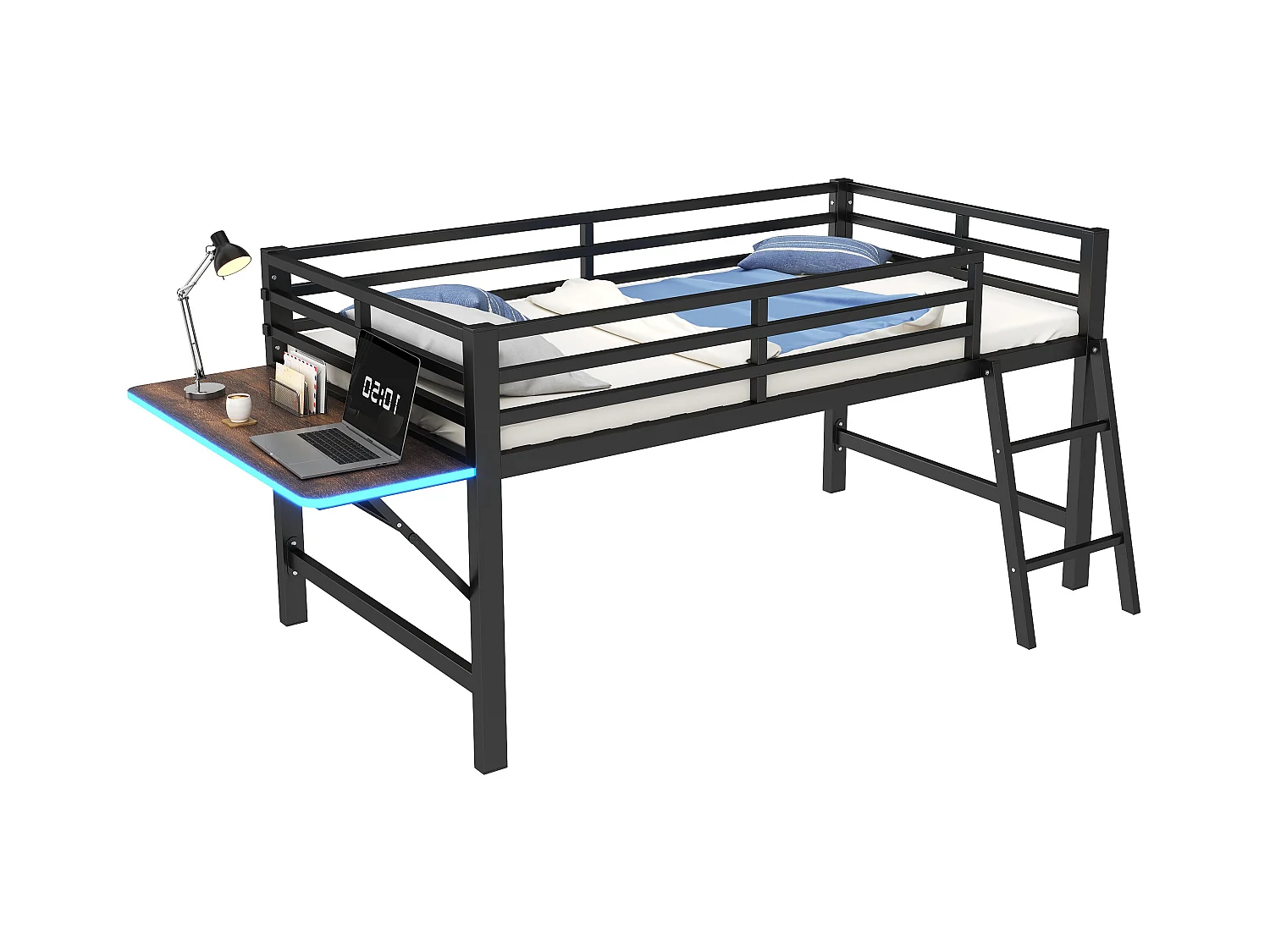 Lit mezzanine en métal 90x200 cm, avec barrière, échelle, bureau et bande LED télécommandée, noir